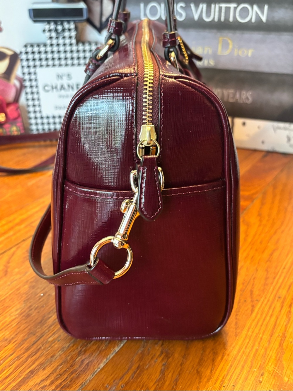 Coach Peyton Nancy Satchel F31403 Burgundy Oxblood Patent Crossgrain Leather EUC - Picture 2 of 12